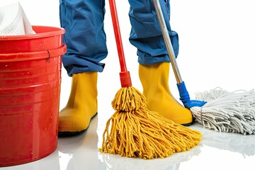cleaners legs, mop and bucket with cleaning equipment isolated on white background