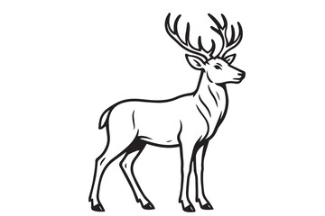 Fototapeta premium Vector of a deer standing gracefully, illustrated in black and white with bold black outlines emphasizing its antlers, legs, and elegant posture.