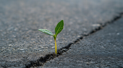 A small green plant is growing out of a crack in a concrete sidewalk. Concept of resilience and hope, as the plant is able to grow and thrive in an unlikely environment