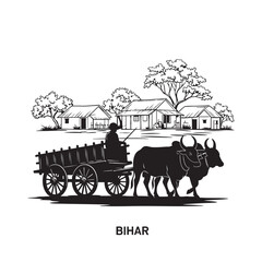 A rural Bihar scene with ox cart village houses and trees in silhouette