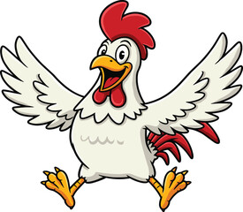  Happy cartoon chicken, wings open wide, joyful white rooster character illustration, cheerful farm animal, funny poultry graphic, vibrant bird.