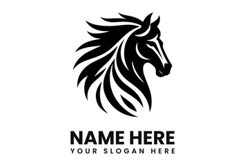 Stylized black horse head logo design, elegant mane, profile view, placeholder text.