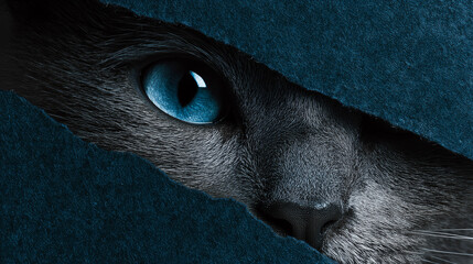 A cat with blue eyes is peeking out from behind a curtain. The blue eyes of the cat are the main focus of the image, and the curtain adds a sense of mystery and intrigue to the scene