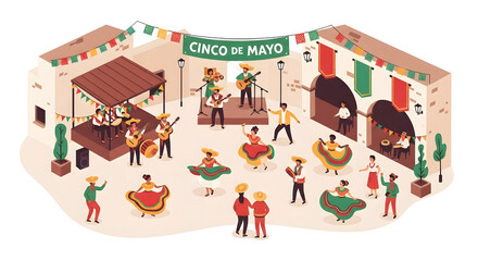 Isometric pixel art depicting a cultural celebration with musicians dancers and festive decorations against a transparent background. The scene showcases vibrant colors and a lively atmosphere.