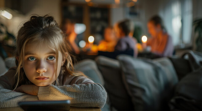 Sad multiracial teenage girl scrolling her phone, in living room. Behind her, happy family is eating dinner at the table. Generative ai