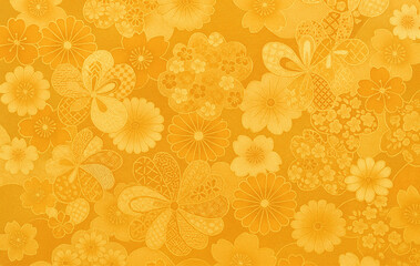 金色の和柄花模様背景｜着物風デザイン: Golden Japanese Floral Pattern Background