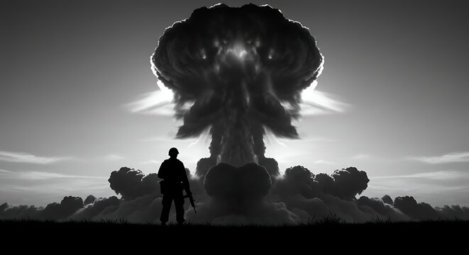 Soldier silhouette standing on ground against mushroom cloud of atomic bomb explosion. Military war and apocalyptic concept - Powered by Adobe