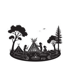Silhouette of children camping in the woods and building a tent and bonfire © Bashir Ahammed