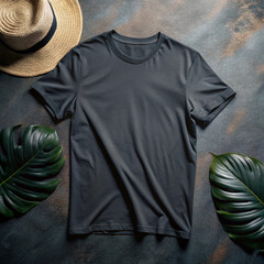 Dark Gray T Shirt Mockup with Tropical Leaves and a Straw Hat