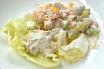 mashed tuna with corn and garden pea couple cabbage vegetable salad dressing cream sauce on plate