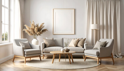 Cozy and inviting living room with a neutral sofa, two armchairs, and blank picture frames.