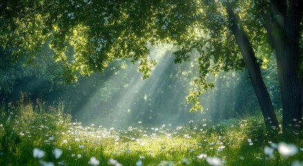 The natural beauty of a spring forest is exemplified in a sunny spring glade landscape