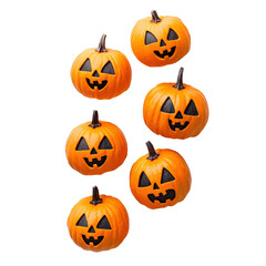 Six carved pumpkins are arranged, exuding a cheerful ambiance, perfect for the Halloween season. Their distinctive features and radiant orange hues.