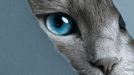 A cat with blue eyes is peeking out from behind a piece of paper. The image has a playful and curious mood, as the cat seems to be looking out into the unknown