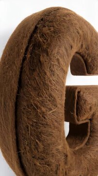Studio shot of a handcrafted, hairy, plush letter G in brown textile against a clean white backdrop, used for education and decoration.