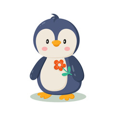 Adorable children`s illustration of a baby penguin holding a flower.  Perfect for baby products, greeting cards, or children`s book.