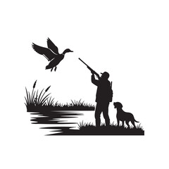 Silhouette of a Hunter Aiming at a Duck with His Dog Nearby