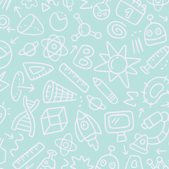 Education doodle seamless pattern. Science line hand drawn elements - mathematics formula, chemistry molecule, dna, graph, scientific experiment vector repeated background