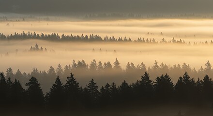 Naklejka premium Sunrise Illuminating a Misty Forest with Pine Trees