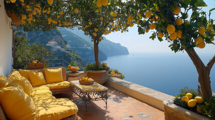 A beautiful view of the ocean with a lemon tree in the background. The lemon tree is covered in lemons and the view is serene and peaceful