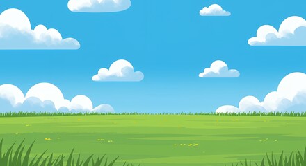Obraz premium Expansive Green Grass Field Under Clear Blue Sky with Fluffy White Clouds