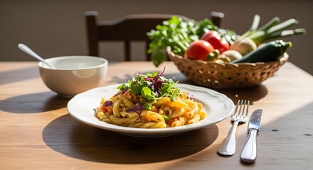 Pasta dish with greens and vegetables on a wooden table in natural light with silverware set up