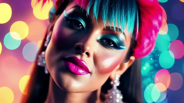 A glamorous portrait of a drag queen performer with dramatic and colorful face makeup