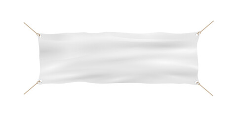 Empty hanging white textile banner with rope