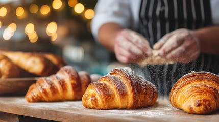 Artisan baker pastry chef at work crafting handmade croissant with artisan croissant in foreground and blurred hands dusting flour creating warm bakery atmosphere