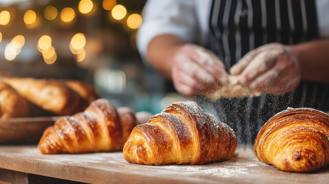 Artisan baker pastry chef at work crafting handmade croissant with artisan croissant in foreground and blurred hands dusting flour creating warm bakery atmosphere