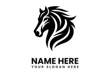 Black and white vector illustration of a horse head in profile, with stylized mane. Logo concept.