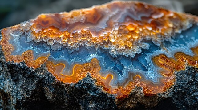 Petrified wood polished surface showing layered cyan amber agate bands with natural crystal formations and intricate fossilized wood grain texture patterns