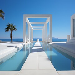 AllWhite Modern Architecture with Plunge Pools Leading to Distant Sea View