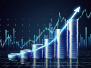 Futuristic image of financial growth, glowing coins and growing chart on digital chart background with neon lighting