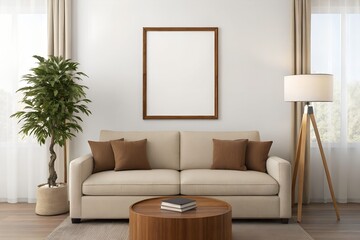 Wall Frame Mockup Above Sofa in Modern Living Room – Interior Poster Display with Home Decor Elements