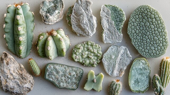 Sonoran cactus skin variety flat lay showing authentic desert plant surfaces with natural patterns, cellular structures, and southwestern botanical specimens - Powered by Adobe