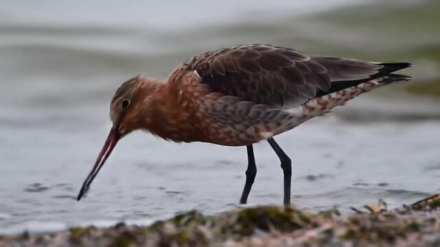 A godwit bird stands at the edge of the water with its long beak pointed towards the ground looking