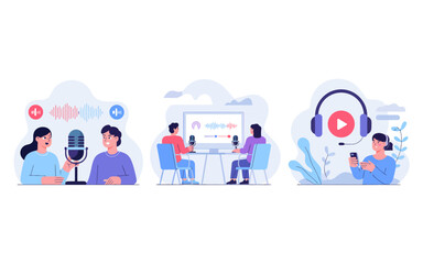 “Modern Media Workflow Illustration – Connected Scenes of Podcasting, Remote Work, and Mobile Listening”