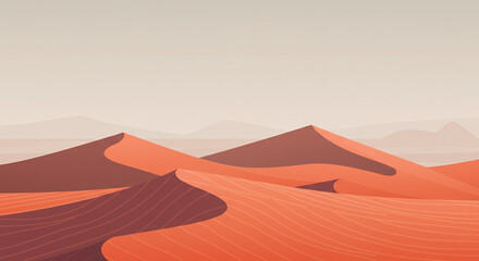 Sunset desert sand dunes landscape illustration with rich red tones