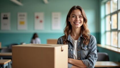 Smiling woman with a box in a classroom setting during daytime