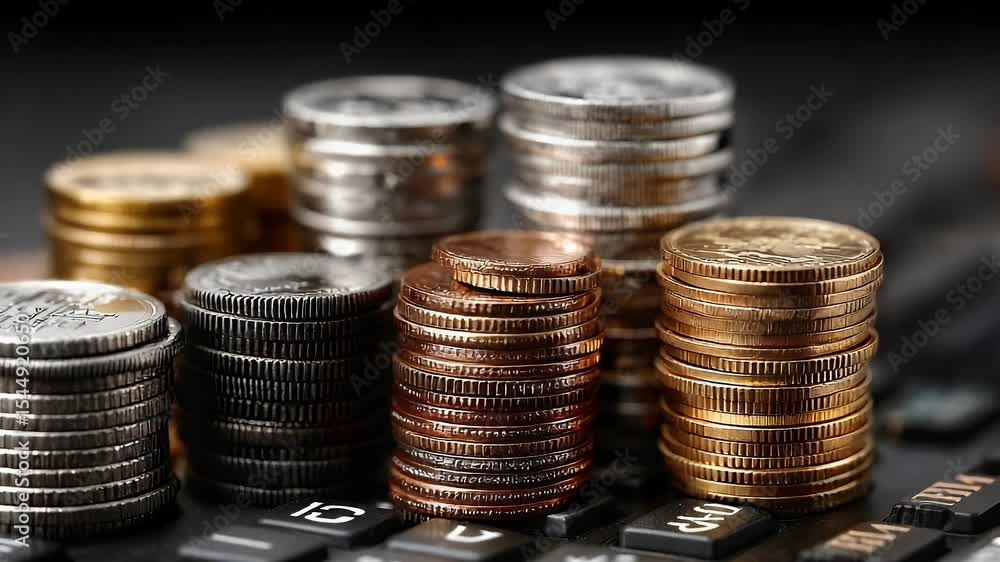 Aufkleber stacks of coins on calculator keys representing financial concepts