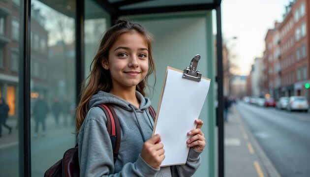 Young girl waiting at a city bus stop holding a clipboard on a busy street in the evening