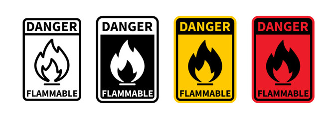 Set of Sticker flammable caution sign or danger flammable sign vector isolated
