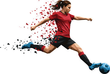 Abstract female soccer player kicking ball, dynamic action pose, polygon vector design, sport energy, fitness movement, football athlete illustration, power, speed, isolated artwork © Legend Monir