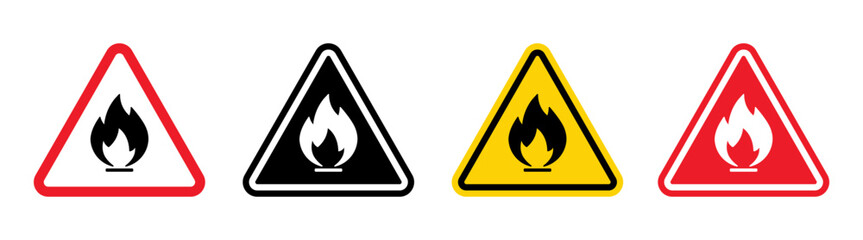 Set of triangle yellow and red fire warning signs