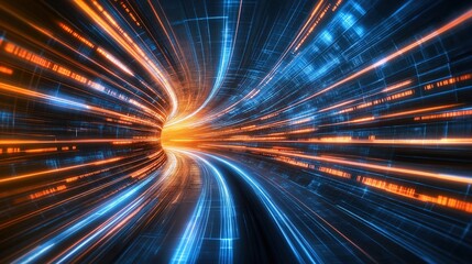 High speed light with blue and orange stripes in abstract, futuristic technological concept, showing motion blur against fast forward timeline background, creating a captivating visual effect that rep