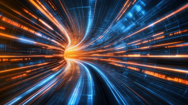High speed light with blue and orange stripes in abstract, futuristic technological concept, showing motion blur against fast forward timeline background, creating a captivating visual effect that rep