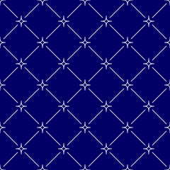 Fototapeta premium Stars connected with thin lines seamless pattern background. White four rays stars on the deep blue night sky back