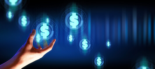 hand of businessman interactive touching a holographic of transaction financial network data...