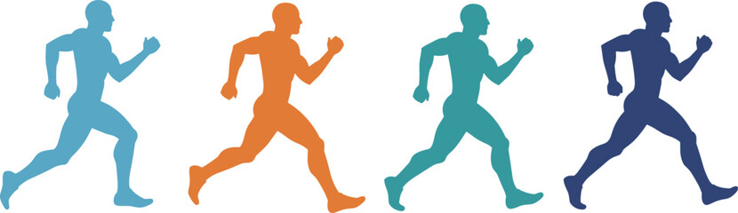 Colorful male running silhouette sequence, side view, jogging, walking, exercising, fitness vector art, sporty motion, active lifestyle concept, isolated graphic on white background